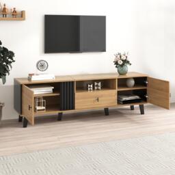 Modern TV Cabinet with 2 Doors, Slatted Front, Spacious Compartment, TV Stand for organised storage, 170L x 4W x 50.5H cm, Black+Wood - Aosom UK - thumbnail 6