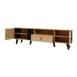 Modern TV Cabinet with 2 Doors, Slatted Front, Spacious Compartment, TV Stand for organised storage, 170L x 4W x 50.5H cm, Black+Wood - Aosom UK - thumbnail 9