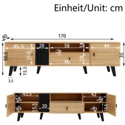 Modern TV Cabinet with 2 Doors, Slatted Front, Spacious Compartment, TV Stand for organised storage, 170L x 4W x 50.5H cm, Black+Wood - Aosom UK - thumbnail 3
