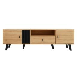 Modern TV Cabinet with 2 Doors, Slatted Front, Spacious Compartment, TV Stand for organised storage, 170L x 4W x 50.5H cm, Black+Wood - Aosom UK - thumbnail 2
