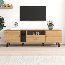 Modern TV Cabinet with 2 Doors, Slatted Front, Spacious Compartment, TV Stand for organised storage, 170L x 4W x 50.5H cm, Black+Wood - Aosom UK - thumbnail 5