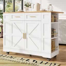 Movable Kitchen Island Trolley with Adjustable Worktop, Rolling Utility Cart with Drawers and Storage Racks, 120L x 40W x 90H cm, White - Aosom UK - thumbnail 9