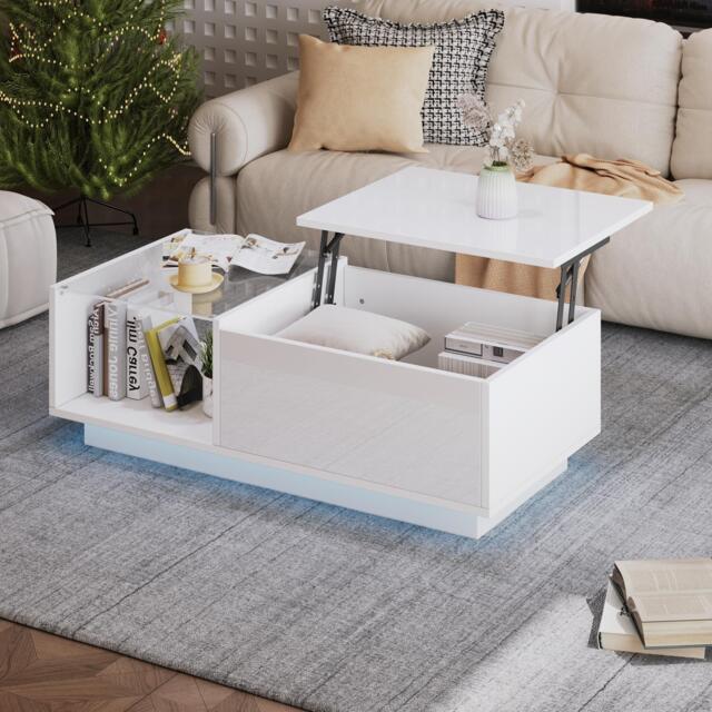 Lift-Up Coffee Table with Space-Saving Hidden and Open Storage, Desk with LED App-Controlled Lighting, 100L x 50W x 33H cm, White - Aosom UK - image 1