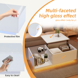 Lift-Up Coffee Table with Space-Saving Hidden and Open Storage, Desk with LED App-Controlled Lighting, 100L x 50W x 33H cm, White - Aosom UK - thumbnail 6