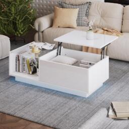 Lift-Up Coffee Table with Space-Saving Hidden and Open Storage, Desk with LED App-Controlled Lighting, 100L x 50W x 33H cm, White - Aosom UK - thumbnail 1