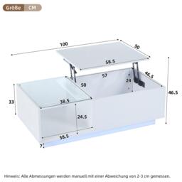 Lift-Up Coffee Table with Space-Saving Hidden and Open Storage, Desk with LED App-Controlled Lighting, 100L x 50W x 33H cm, White - Aosom UK - thumbnail 3