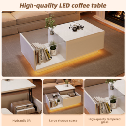 Lift-Up Coffee Table with Space-Saving Hidden and Open Storage, Desk with LED App-Controlled Lighting, 100L x 50W x 33H cm, White - Aosom UK - thumbnail 5