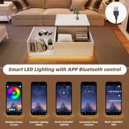 Lift-Up Coffee Table with Space-Saving Hidden and Open Storage, Desk with LED App-Controlled Lighting, 100L x 50W x 33H cm, White - Aosom UK - thumbnail 4