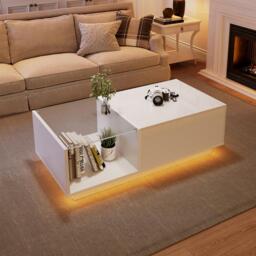 Lift-Up Coffee Table with Space-Saving Hidden and Open Storage, Desk with LED App-Controlled Lighting, 100L x 50W x 33H cm, White - Aosom UK - thumbnail 7