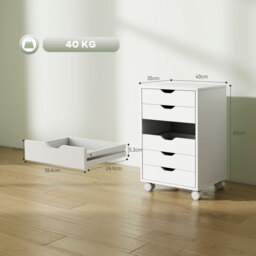 HOMCOM 6 Drawer Vertical File Cabinet, Mobile Filing Cabinet with Quiet Drawers and Wheels with 2 Brakes, White - thumbnail 3