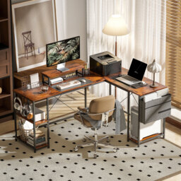 HOMCOM 168cm Reversible L Shaped Desk, Industrial Corner Computer Desk with Adjustable Shelf, Storage Bag, Monitor Stand, Rustic Brown - thumbnail 2