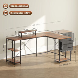 HOMCOM 168cm Reversible L Shaped Desk, Industrial Corner Computer Desk with Adjustable Shelf, Storage Bag, Monitor Stand, Rustic Brown - thumbnail 3