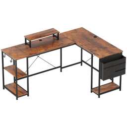 HOMCOM 168cm Reversible L Shaped Desk, Industrial Corner Computer Desk with Adjustable Shelf, Storage Bag, Monitor Stand, Rustic Brown