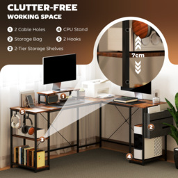 HOMCOM 168cm Reversible L Shaped Desk, Industrial Corner Computer Desk with Adjustable Shelf, Storage Bag, Monitor Stand, Rustic Brown - thumbnail 4