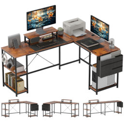 HOMCOM 168cm Reversible L Shaped Desk, Industrial Corner Computer Desk with Adjustable Shelf, Storage Bag, Monitor Stand, Rustic Brown - thumbnail 1