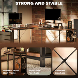 HOMCOM 168cm Reversible L Shaped Desk, Industrial Corner Computer Desk with Adjustable Shelf, Storage Bag, Monitor Stand, Rustic Brown - thumbnail 7