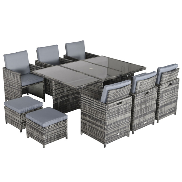 Outsunny Outdoor 11pc Rattan Garden Furniture Patio Dining Set 10-seater Cube Sofa Weave Wicker 6 Chairs 4 Footrests & 1 Table Mixed Grey - image 1