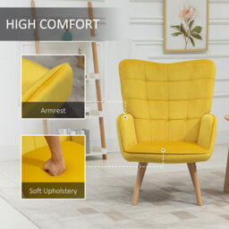 HOMCOM Modern Accent Chair Velvet-Touch Tufted Wingback Armchair Upholstered Leisure Lounge Sofa w/ Wood Legs, Set of 2, Yellow - Aosom UK - thumbnail 4
