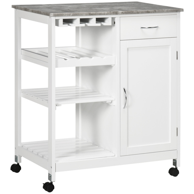 HOMCOM Compact Kitchen Trolley Utility Cart on Wheels with Wine Rack, Drawer, Open Shelf and Storage Cabinet for Dining Room, White - Aosom UK - image 1