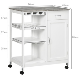 HOMCOM Compact Kitchen Trolley Utility Cart on Wheels with Wine Rack, Drawer, Open Shelf and Storage Cabinet for Dining Room, White - Aosom UK - thumbnail 3