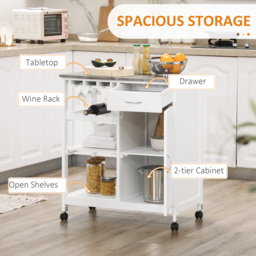 HOMCOM Compact Kitchen Trolley Utility Cart on Wheels with Wine Rack, Drawer, Open Shelf and Storage Cabinet for Dining Room, White - Aosom UK - thumbnail 5