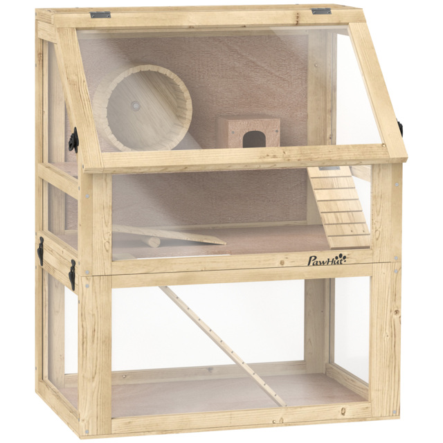 PawHut Wooden Hamster Cage with Detachable 32cm Deep Bottom, Hut, Seesaw, Exercise Wheel, Ramps, 60 x 40 x 75cm - image 1