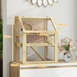 PawHut Wooden Hamster Cage with Detachable 32cm Deep Bottom, Hut, Seesaw, Exercise Wheel, Ramps, 60 x 40 x 75cm - thumbnail 3