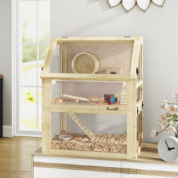 PawHut Wooden Hamster Cage with Detachable 32cm Deep Bottom, Hut, Seesaw, Exercise Wheel, Ramps, 60 x 40 x 75cm - thumbnail 2