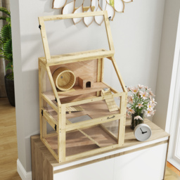 PawHut Wooden Hamster Cage with Detachable 32cm Deep Bottom, Hut, Seesaw, Exercise Wheel, Ramps, 60 x 40 x 75cm - thumbnail 9