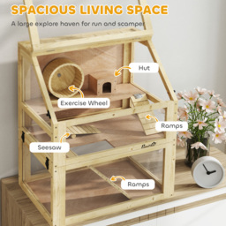 PawHut Wooden Hamster Cage with Detachable 32cm Deep Bottom, Hut, Seesaw, Exercise Wheel, Ramps, 60 x 40 x 75cm - thumbnail 4