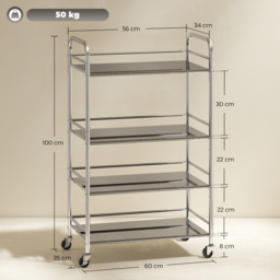 HOMCOM 4 Tier Stainless Steel Kitchen Storage Trolley with Adjustable Shelves - Silver - thumbnail 3