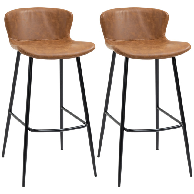 HOMCOM Bar Stools Set of 2, PU Leather Upholstered Bar Chairs, Counter Bar Stool with Backs and Steel Legs for Dining Room, Brown - Aosom UK - image 1