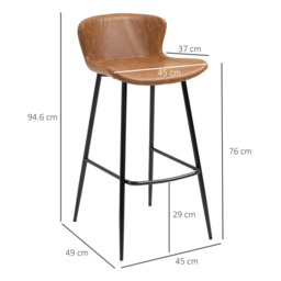 HOMCOM Bar Stools Set of 2, PU Leather Upholstered Bar Chairs, Counter Bar Stool with Backs and Steel Legs for Dining Room, Brown - Aosom UK - thumbnail 3