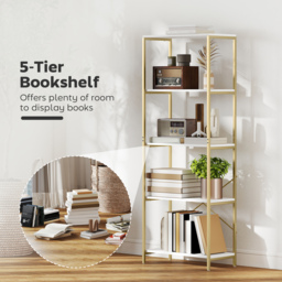 HOMCOM 5-Tier Bookshelf, Modern Bookcase with Metal Frame - White and Gold Tone - thumbnail 4