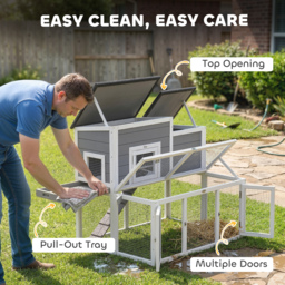 PawHut Wooden Rabbit Hutch, Indoor Outdoor Bunny Cage with Waterproof & Openable Roof, Pull Out Tray and Ramp, Guinea Pig Hutch - thumbnail 6