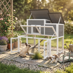 PawHut Wooden Rabbit Hutch, Indoor Outdoor Bunny Cage with Waterproof & Openable Roof, Pull Out Tray and Ramp, Guinea Pig Hutch - thumbnail 8