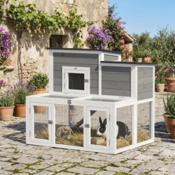 PawHut Wooden Rabbit Hutch, Indoor Outdoor Bunny Cage with Waterproof & Openable Roof, Pull Out Tray and Ramp, Guinea Pig Hutch - thumbnail 2