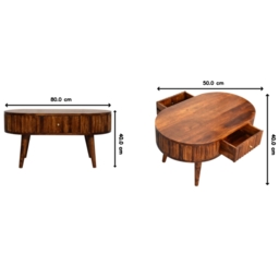Solid Mango Wood Round Coffee Table with 2 Smooth-Gliding Drawers, Handcrafted Eco-Friendly Desk for Living Room, 50L x 80W x 40H cm, Brown - Aosom UK - thumbnail 3