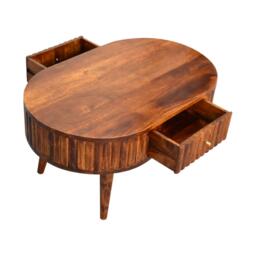 Solid Mango Wood Round Coffee Table with 2 Smooth-Gliding Drawers, Handcrafted Eco-Friendly Desk for Living Room, 50L x 80W x 40H cm, Brown - Aosom UK - thumbnail 7
