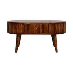 Solid Mango Wood Round Coffee Table with 2 Smooth-Gliding Drawers, Handcrafted Eco-Friendly Desk for Living Room, 50L x 80W x 40H cm, Brown - Aosom UK - thumbnail 2