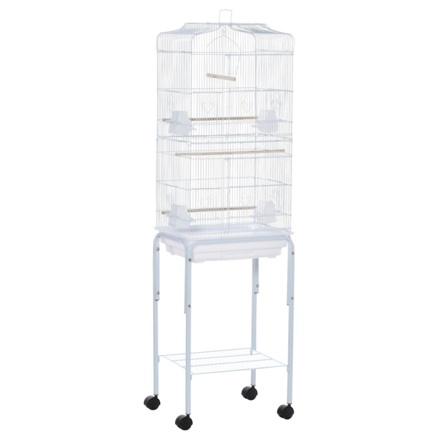 PawHut Metal Parrot Cage: Spacious Abode with Breeding Stand & Wheels, Snow White - Aosom UK - image 1