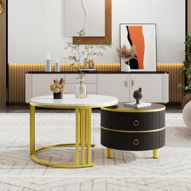 2-In-1 Round Coffee Table Set with High-Gloss Tops, Space-Saving Center Table Set with 2 Drawers, 70L x 70W x 46H cm, White+Black - Aosom UK - image 1