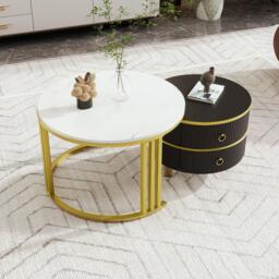 2-In-1 Round Coffee Table Set with High-Gloss Tops, Space-Saving Center Table Set with 2 Drawers, 70L x 70W x 46H cm, White+Black - Aosom UK - thumbnail 5