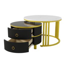 2-In-1 Round Coffee Table Set with High-Gloss Tops, Space-Saving Center Table Set with 2 Drawers, 70L x 70W x 46H cm, White+Black - Aosom UK - thumbnail 9
