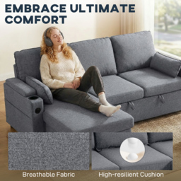 HOMCOM Corner Sofa Bed, L Shaped Sleeper Sectional Sofa with Reversible Storage Chaise, Grey - thumbnail 4