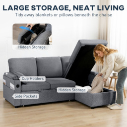 HOMCOM Corner Sofa Bed, L Shaped Sleeper Sectional Sofa with Reversible Storage Chaise, Grey - thumbnail 7