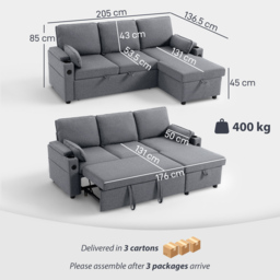 HOMCOM Corner Sofa Bed, L Shaped Sleeper Sectional Sofa with Reversible Storage Chaise, Grey - thumbnail 3