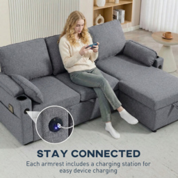 HOMCOM Corner Sofa Bed, L Shaped Sleeper Sectional Sofa with Reversible Storage Chaise, Grey - thumbnail 8