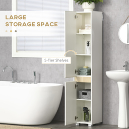 kleankin Tall Bathroom Cabinet with Adjustable Shelves, 5-Tier Modern Freestanding Tallboy with Storage Cabinets, White - thumbnail 4
