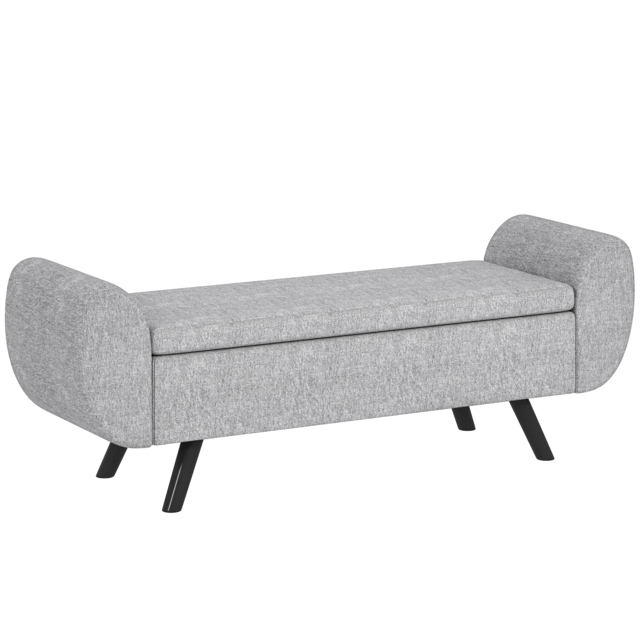 HOMCOM Storage Ottoman with Armrest, Upholstered Linen Storage Bench, Window Seat with Rubberwood Legs, Footstool for Bedroom Living Room, Hallway, Dark Grey - image 1